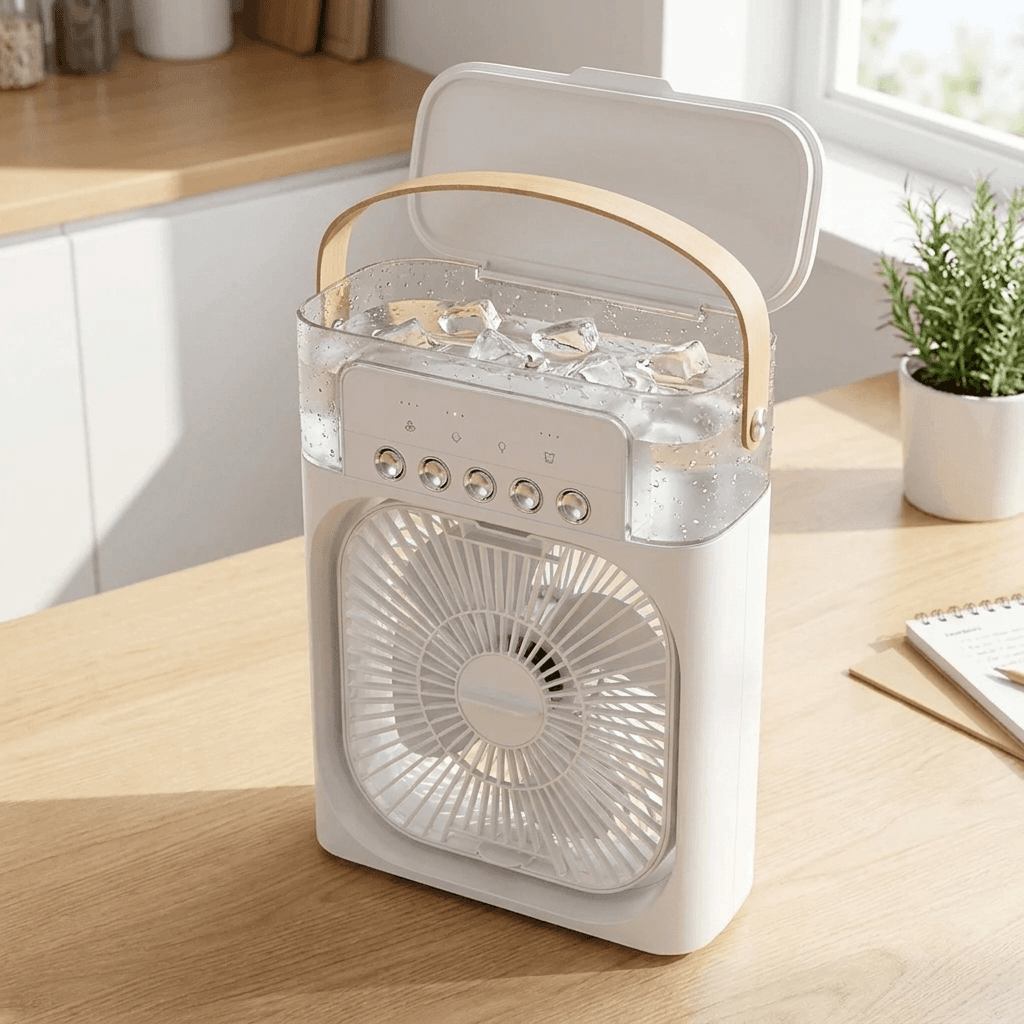 BreezeCube rempli d'eau fraiche et de glacons sur un bureau
